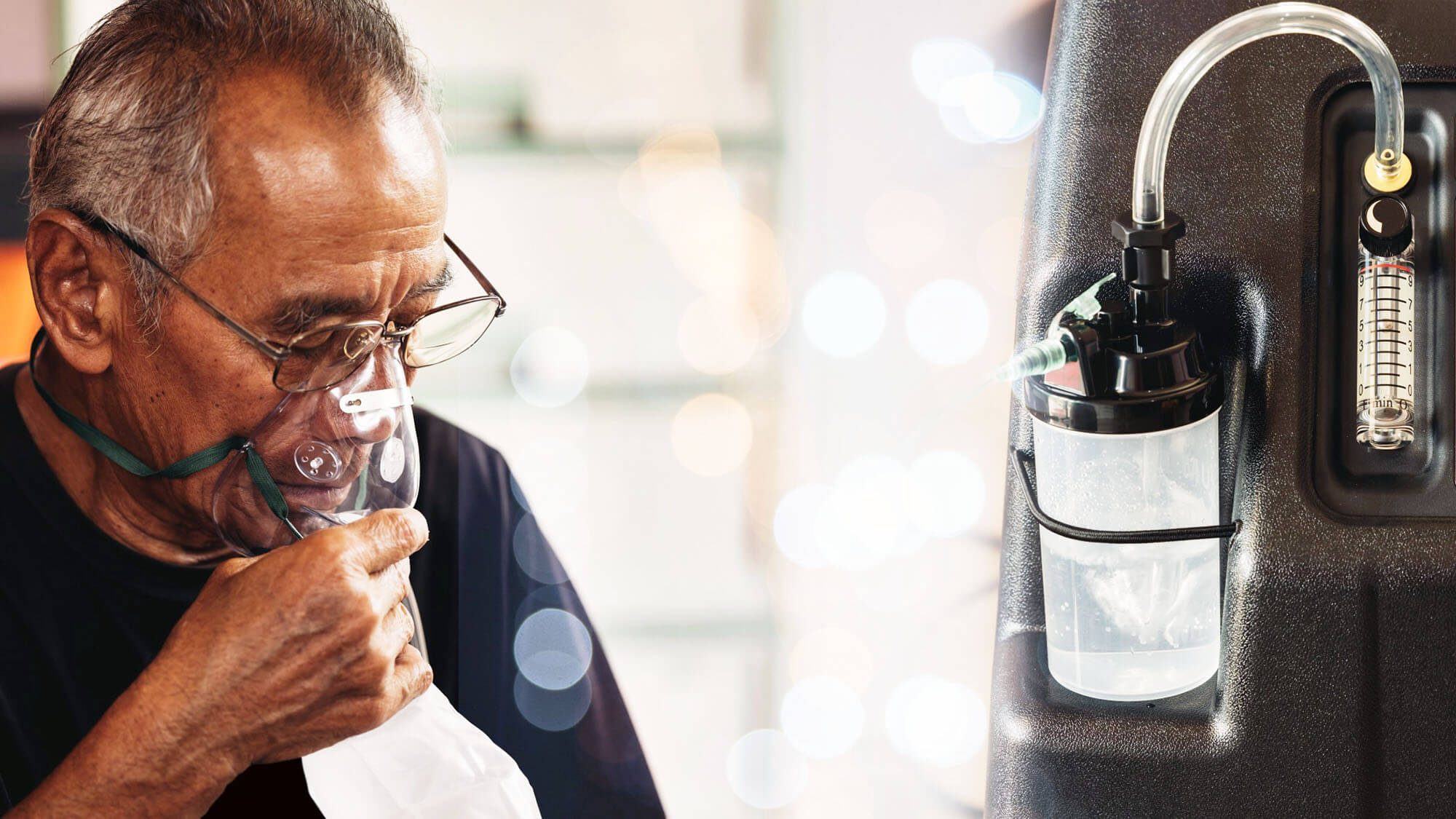 Elderly Senior Man wear oxygen inhaler device for helping breath respiratory. Patient use portable oxygen at home. Patients with respiratory disorders. portable oxygen concentrator or oxygen generator